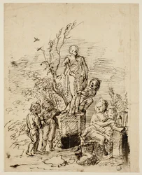 Children Playing near Statue in Garden
