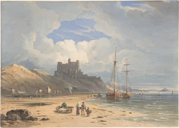 Bamborough Castle from the Northeast, with Holy Island in the Distance, Northumberland