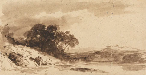 River Landscape with Two Figures, Lake and Distant Mountains