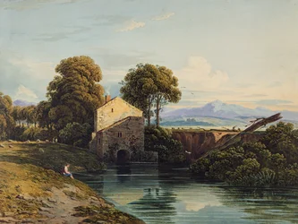 Watermill with Distant Castle and Hills