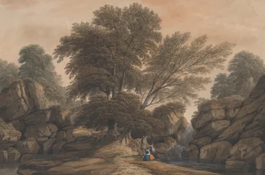 Figures Beside a Waterfall and Pool in a Wooded Landscape