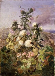 A Goldfinch and a Butterfly amongst Thistles and Blackberry Blossom