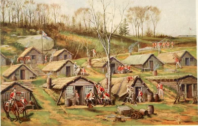 The Hut Camp on the Dyckman Farm, illustration from Relics of the revolution; the story of the discovery of the buried remains of military life in forts and camps on Manhattan Island by Reginald Pelham Bolton