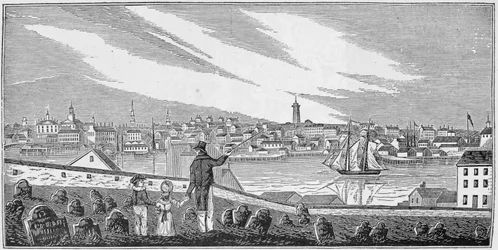 South view of Charlestown, from Historical Collections of Massachusetts, by John Warner Barber, engraved by S. E. Brown, 1839