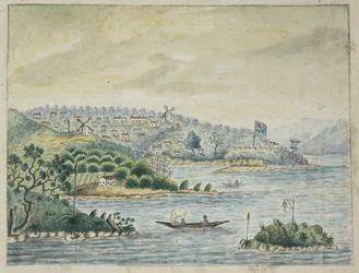 A view of a British colony. In the foreground, natives in a canoe, from a Journal kept on board the Minerva transport, from Ireland to New South Wales and Bengal, by John Washington Price