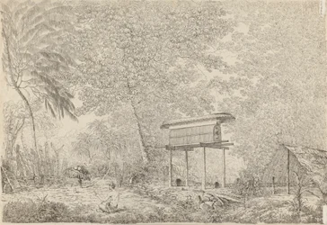 A Toopapapoo of a Chief, with a Priest Making His Offering to the Morai, in Huoheine