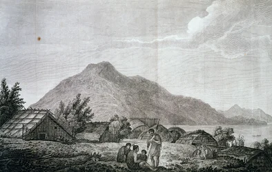 Inside hippah on island of Motuara, based on drawing by John Webber, from account of last voyage of James Cook