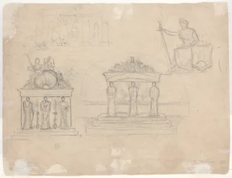 Studies of Classical Temple Facades and Seated Female Figure