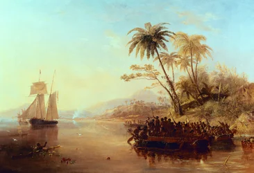A British Surveying Ship in the South Pacific Greeted by Islanders in Outrigger Canoes