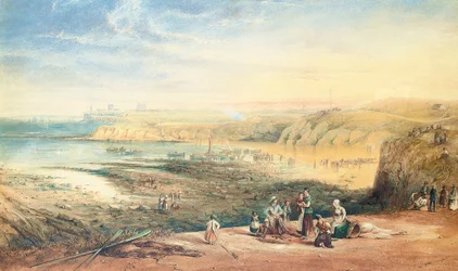 Cullercoats looking towards Tynemouth, Northumberland, with fisherfolk in the foreground