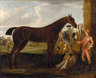Scamp, a bay racehorse owned by the 3rd Duke of Devonshire and a jockey on a racecourse