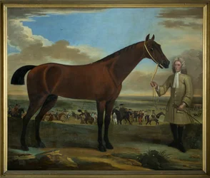 Scarr, a bay racehorse held by his trainer, A. Scottman
