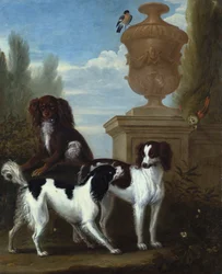Three Spaniels by an Urn in a Wooded Landscape