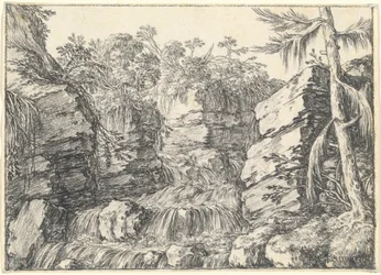 A Waterfall between Rocky Cliffs