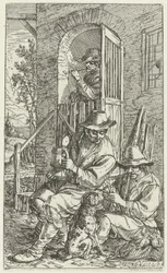 Two Men in Front of an Inn with a Dog