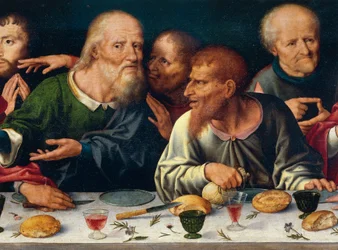 The Last Supper, Judas and the other apostles, Joos van Cleve, altarpiece from the church of Frati Minori in Genoa, Italy