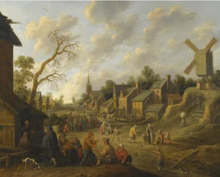 A Wide Street Through a Village Filled with Numerous Figures and Overlooked by a Windmill