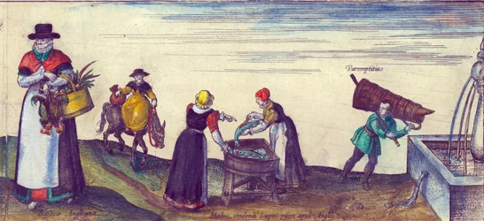Country Folk Going to Market, Fishwives Selling Pike, and an Apprentice Fetching Water from a Fountain (detail)
