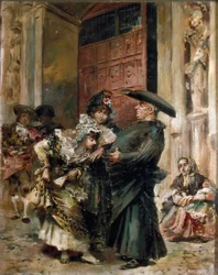 "La Sortie de la Messe": Two Women Examining the Belly of a Priest at the Exit of a Church. Painting by Jose Denis Belgrano