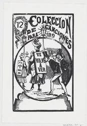 A man bending down to look at a woman with a sign on her back, illustration