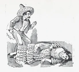 A man with a gun standing over a woman he has just shot, ca. 1880-1910