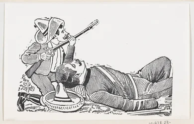 A revolutionary holding a rifle and kneeling to protect a fallen revolutionary, c. 1880-1910