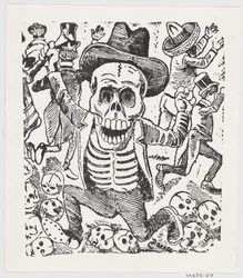 A skeleton holding a bone and leaping over a pile of skulls while people flee