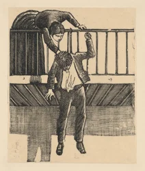 A woman discovering a man who has committed suicide by hanging himself from a balcony