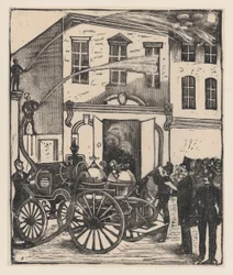 Firefighters Putting Out a Fire in a House, Firetruck in Foreground, ca. 1880-1910
