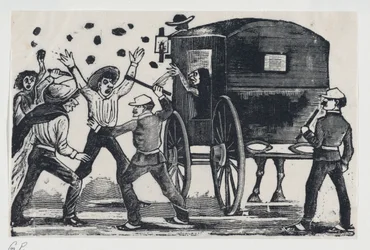 Men fighting near a horse and carriage