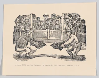 Two men in an arena holding roosters in preparation for a fight, spe..., ca. 1890-1910, reprinted 1964.
