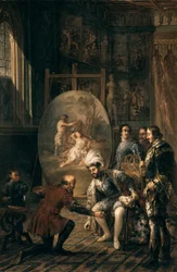 Charles V Picking Up the Brush of Painter Titian. Painting by Jose Felipe Parra (1824-1864)