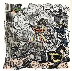 The Mexican Revolution (1910-1920): assault on the house of Aquiles Serdan (1876-1910). Xylography by Jose Guadalupe Posada (1852-1913).