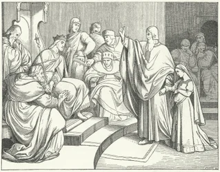 Beatrice of Hohenstaufen asking King Otto IV of Germany to avenge the murder of her father, Philip of Swabia