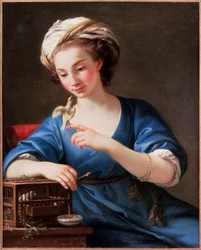Young Woman in Turkish Costume Playing with a Bird from Her Cage, Painting by Joseph-Marie Vien