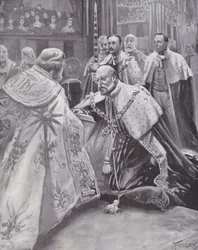 King Edward VII taking the oath at his coronation, Westminster Abbey, London