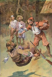 Robinson Crusoe: The Spaniard, with one blow of his fist, knocked him down