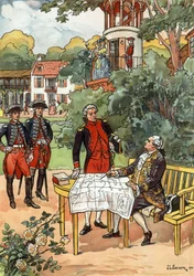 French King Louis XVI and Navigator Jean Francois de Galaup, Comte de Laperouse in 1785, Illustration by JL Beuzon 1933