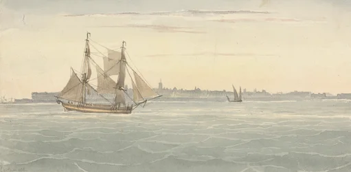 Single Brig (?) Another Sailing Vessel Against Outline of City on Background
