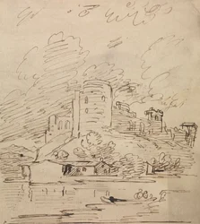 Castle with a Round Tower Above a River