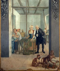 Satin workshop. After being coated with a mixture of wax and starch, the printed canvas is placed on a hot grille. It is then lustree with a glass wheel enchassee on a yard that is suspended from the ceiling joists