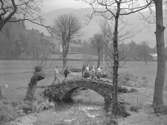 Group of young walkers walking over bridge