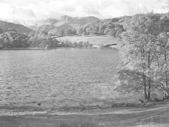 View across Loughrigg Tarn, hills in background