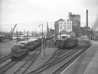 View of freight and goods wagons in sidings at Silloth dock