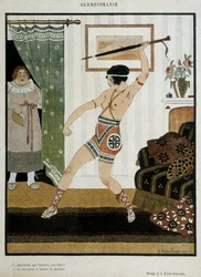 Young girl in antique costume training to throw javelin with an umbrella. Fantasy poster illustrating the enthusiasm of the Olympiads. Drawing by J. Kuhn Regnier around 1920