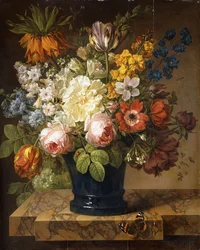 Flowers in a Vase on a Marble Ledge with a Red Admiral, a Bumble Bee, Two Beetles and a Dragonfly