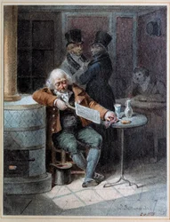 Reading of the Gazette: old man asleep in a cafe reading the newspaper 