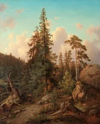 Forest Landscape with Woman Collecting Wood
