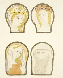 Four Heads in Stained Glass Windows South of Choir in Bristol Cathedral
