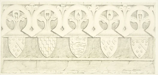 Gothic frieze and coats of arms in vestry room of Bristol Cathedral